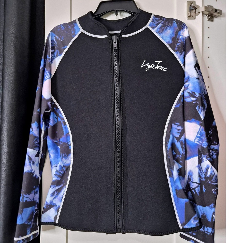 LayaTone‎ Rash Guard Swim Top Blue Palm Tree Print Long Sleeve Zip Up Size Large